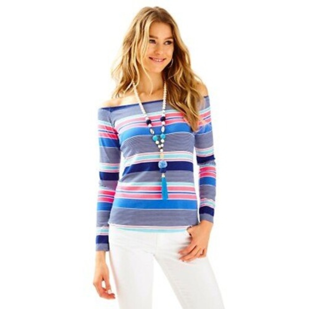 Lilly Pulitzer‎ Audelia Shirt Womens Sz XS Blue Pink Stripe Kaleidoscope Jungle